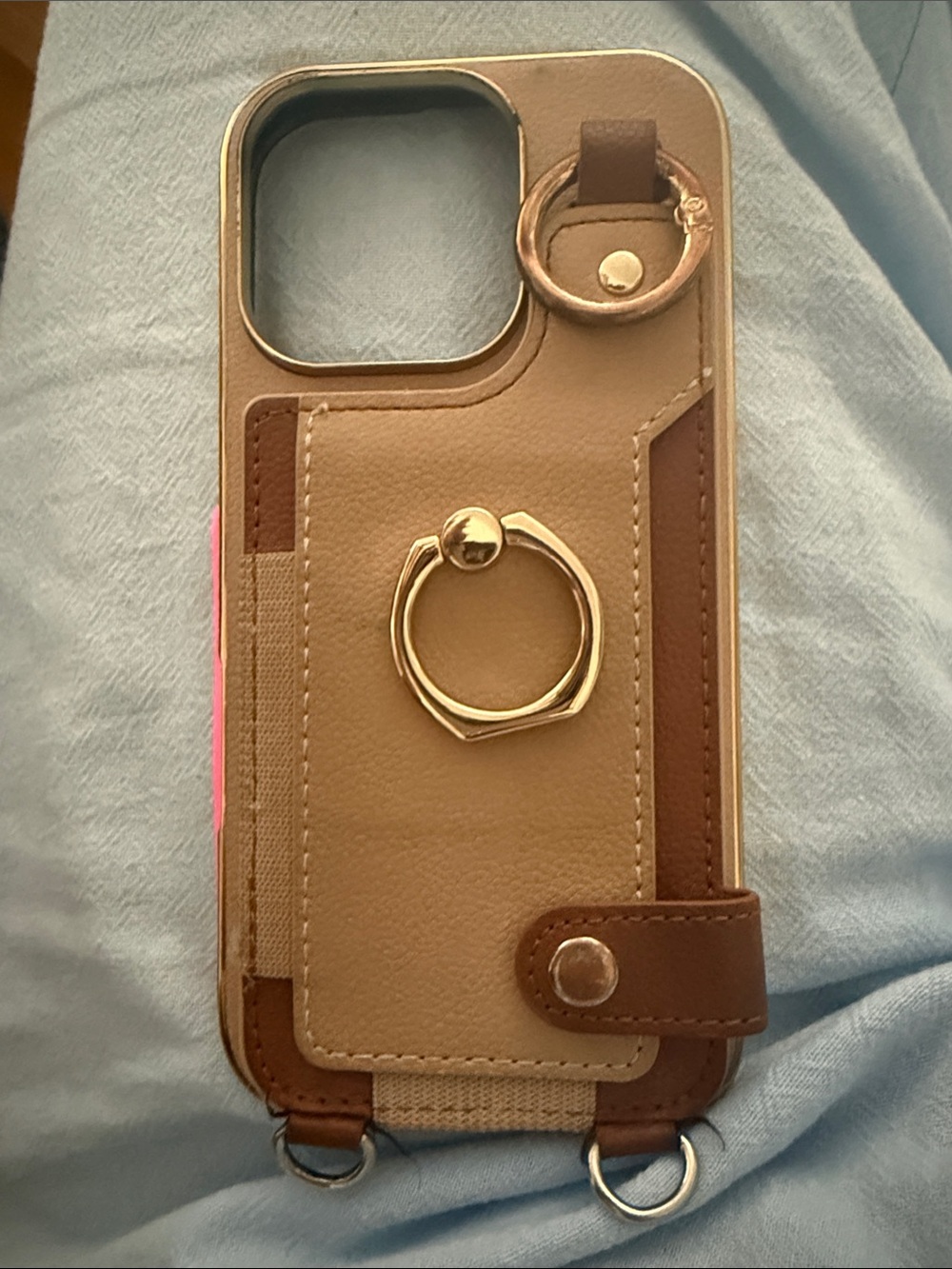 Brown Faux Leatherette iPhone 16 Pro Case with Gold Ring Holder